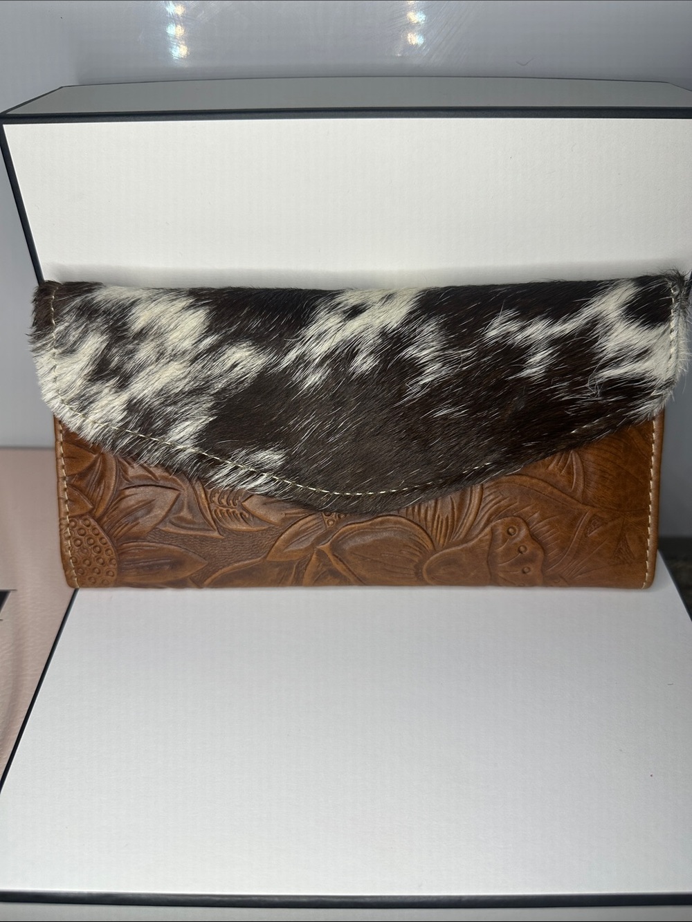 Leather Tooled Clutch with Black & White Haircalf Flap